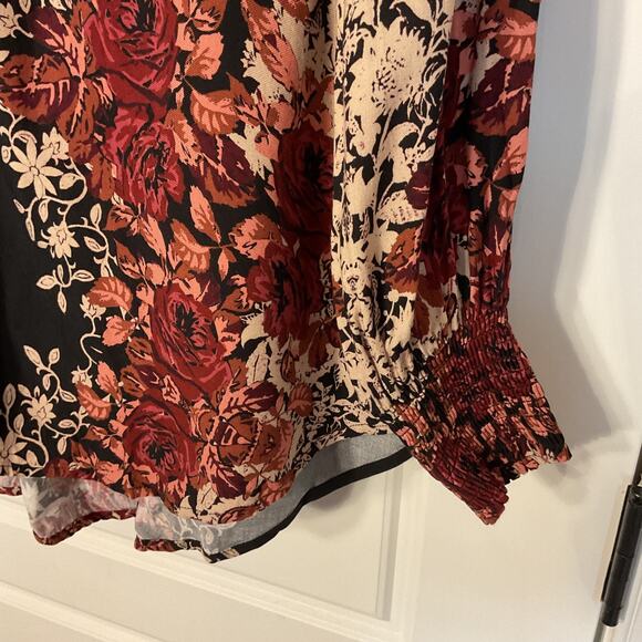 Aveology Black Floral Long Sleeve Button Up Back Elastic Waist Tunic Top 18 - Picture 2 of 6